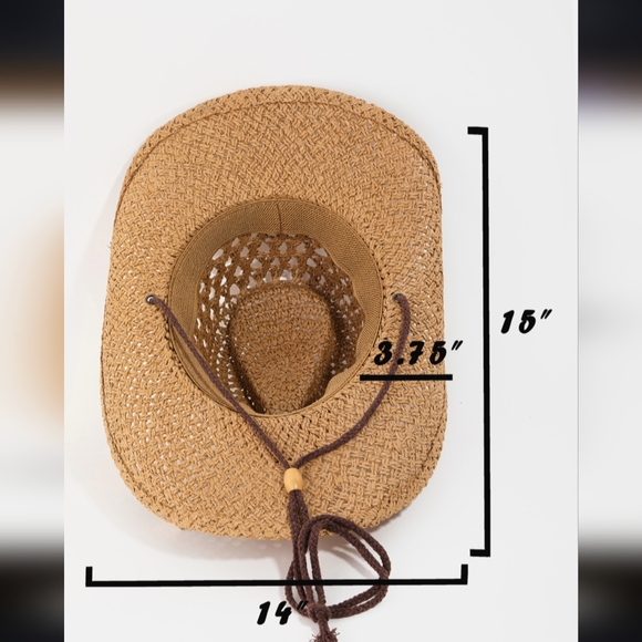 Straw braided cowboy hat natural beige black chin strap stampede strings beach - Picture 7 of 10